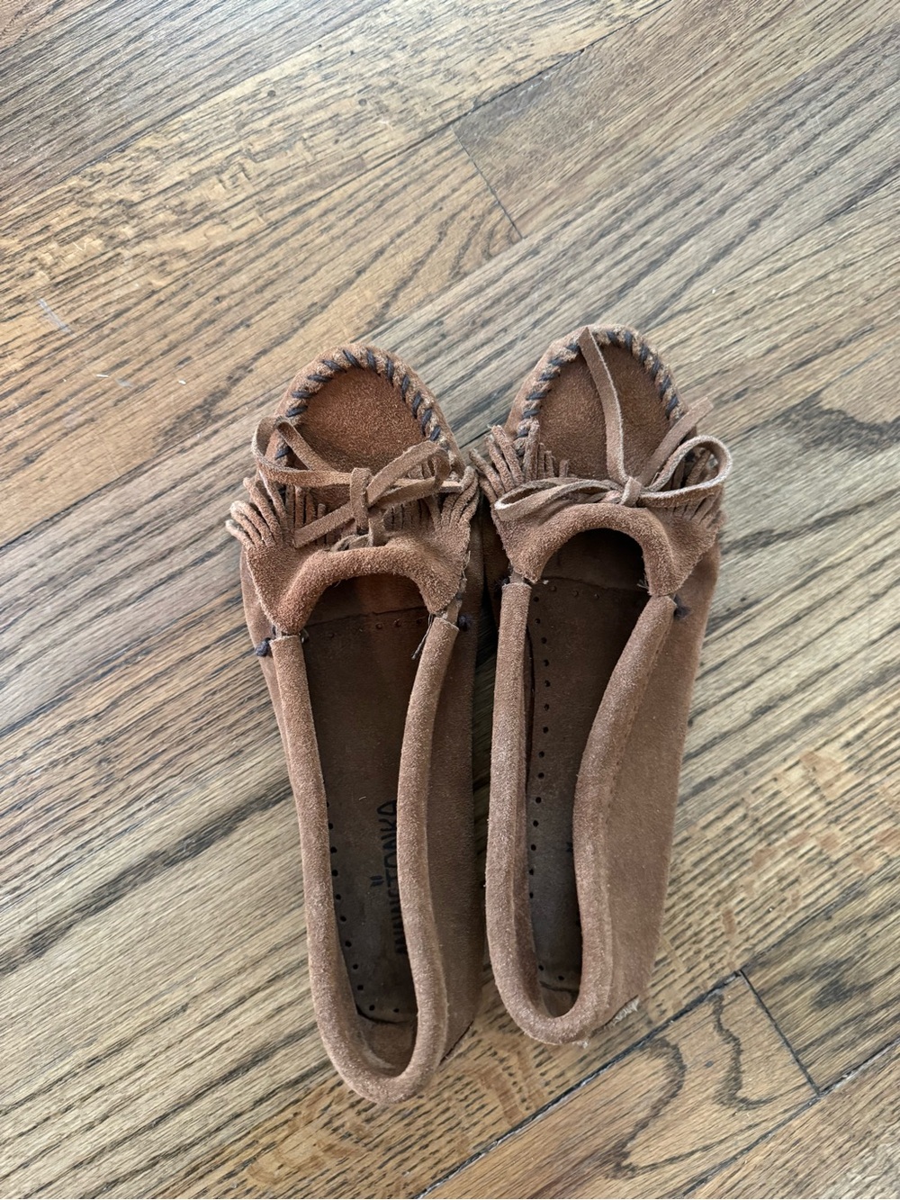 Minnetonka Brown Suede Moccasin Flats with Bow & Fringe, festival shoes